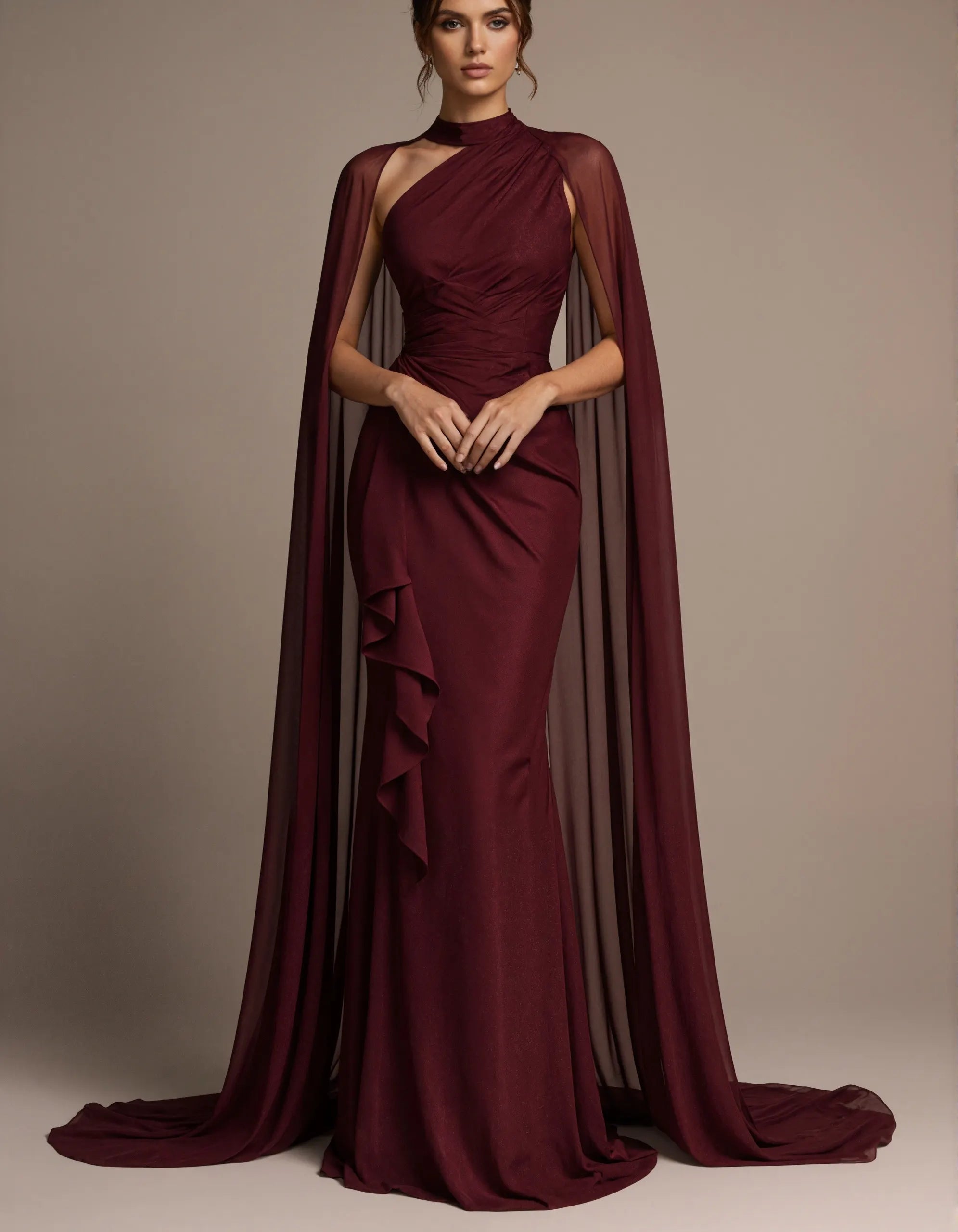 Burgundy High Neck Shawl Sleeve Chiffon Satin Maxi Dress