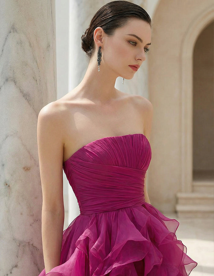 Rose Red Chiffon Strapless Tiered Maxi Dress