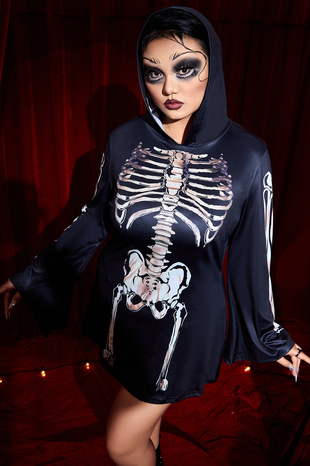 Casual Halloween Costume Black Skeleton Print Trumpet Sleeve Knitted Mini Dress(Ships 24h)