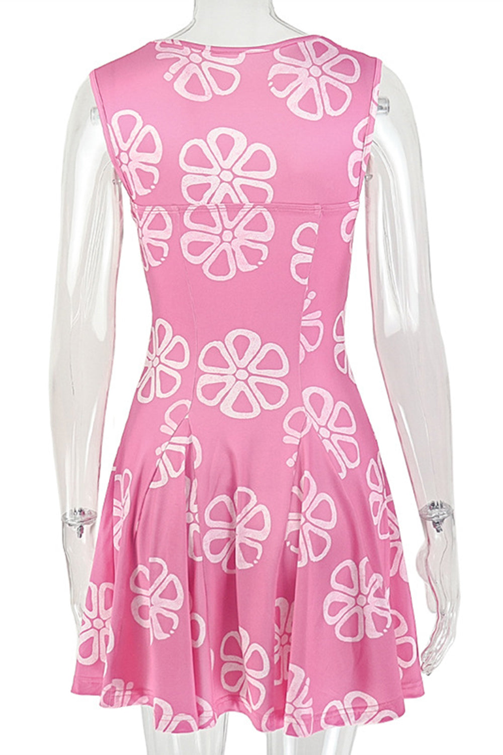 Square Neck Sleeveless Floral Pattern Cinch Waist A-Line Mini Dresses-Pink