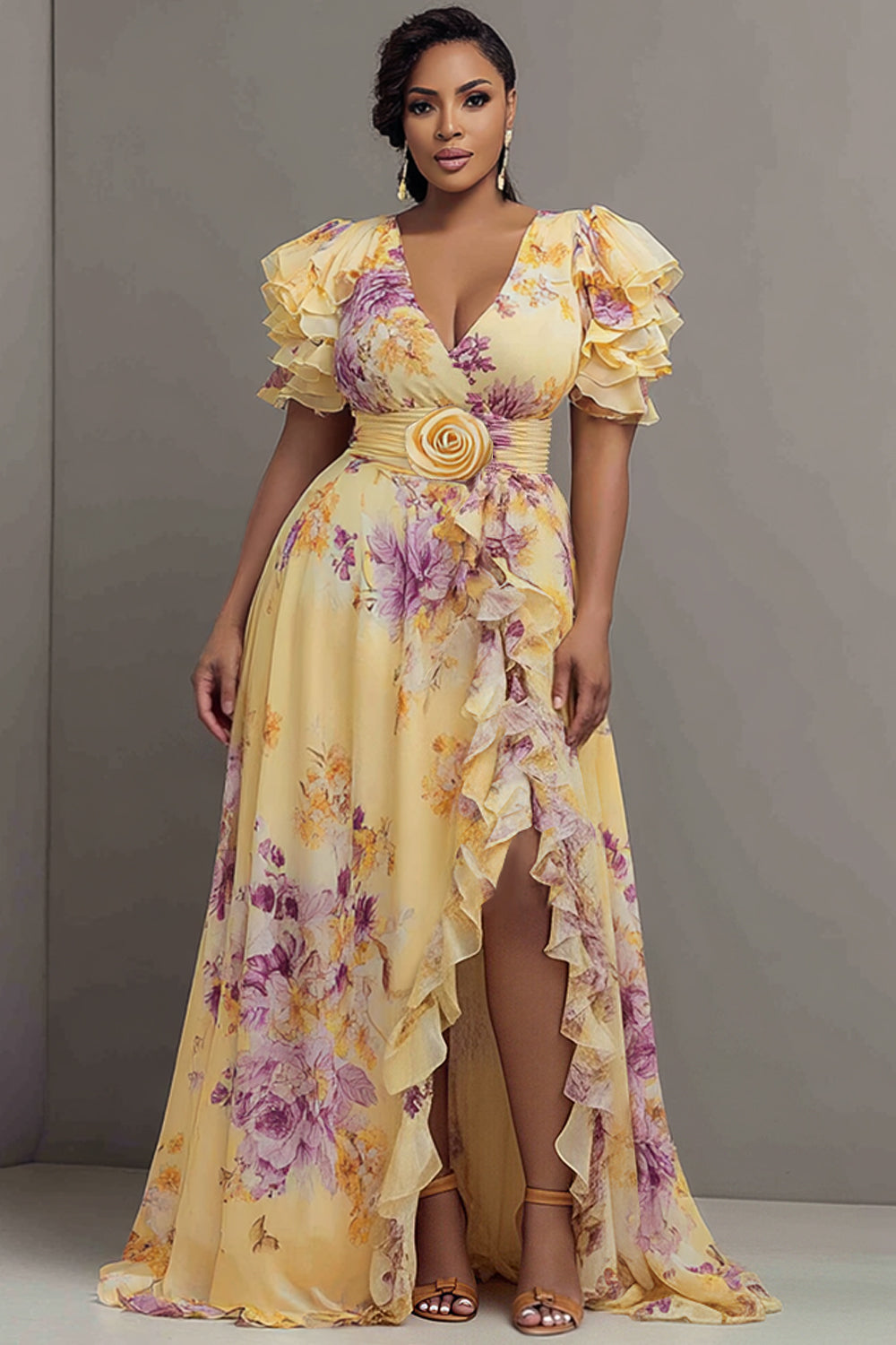 Elegant Yellow Floral V Neck Short Sleeve Ruffle 3D Chiffon Maxi Dresses
