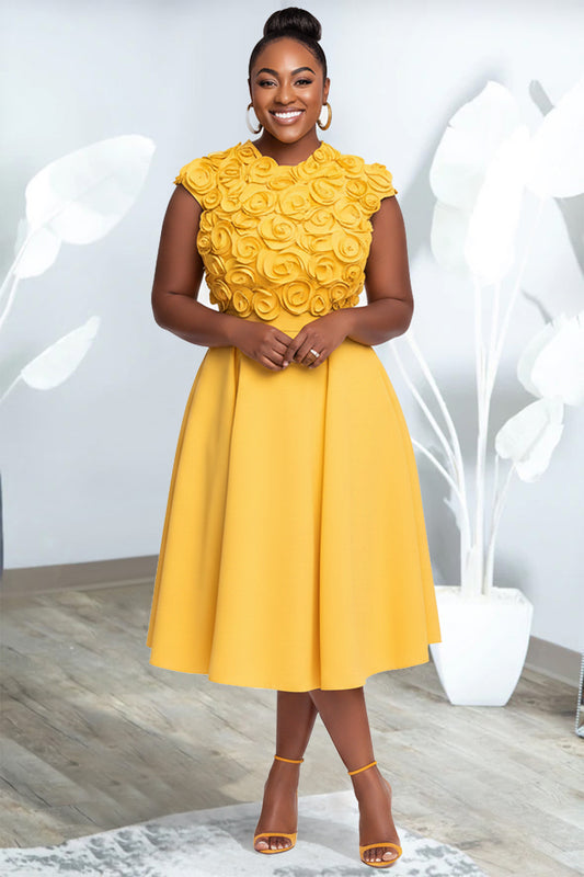 Cocktail Party Yellow Round Neck 3D Pocket Midi Dresses