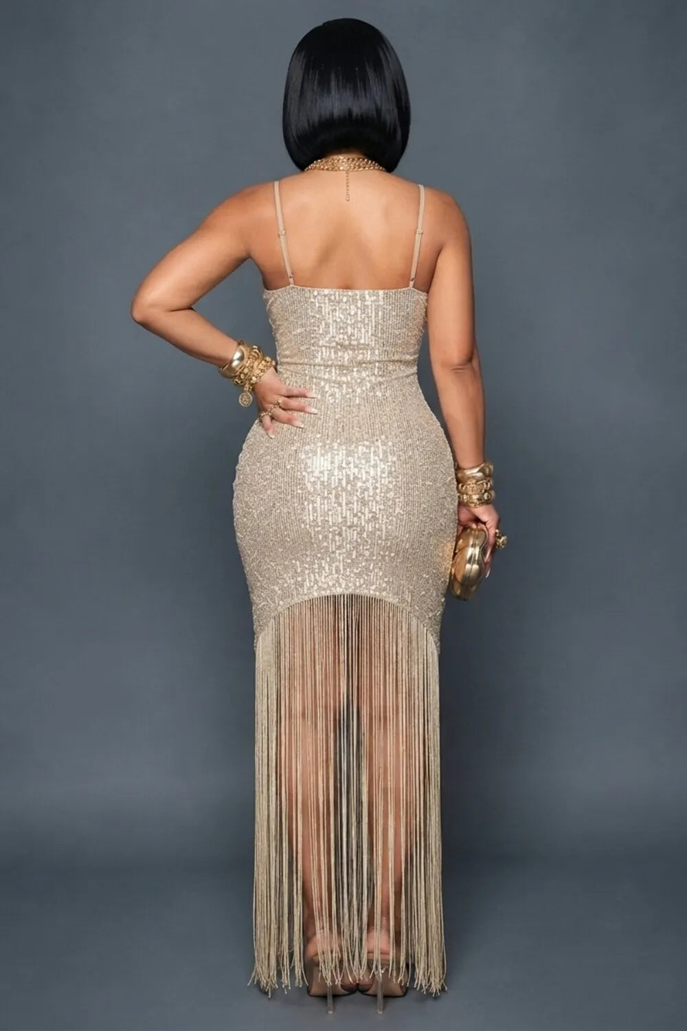 Sequin Spaghetti Strap Long Fringe Bodycon Maxi Dresses-Gold [Pre Order]