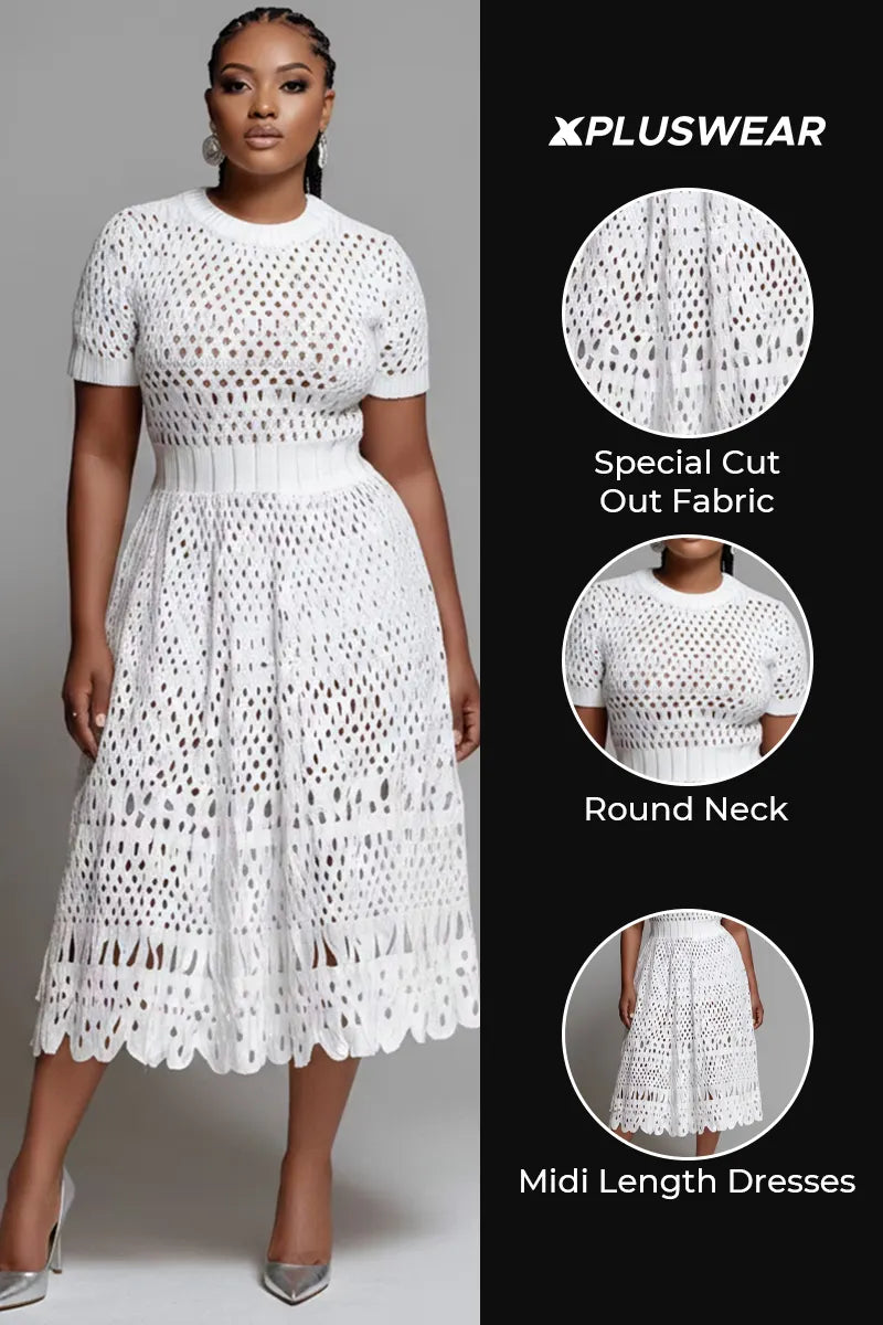 Vacation White Round Neck Short Sleeve Cut Out Midi Dresses