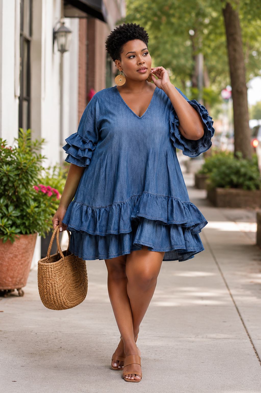 Xpluswear Design Plus Size Party Elegant Blue V Neck Short Sleeve Ruffle Tiered Tencel Denim Mini Dresses