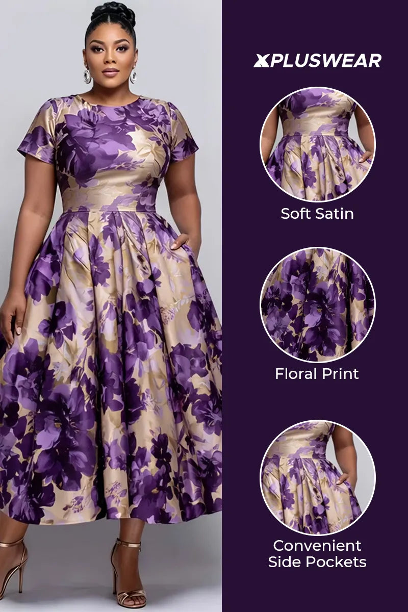 Cocktail Party Purple Floral Round Neck Short Sleeve Pocket Satin Midi Dresses