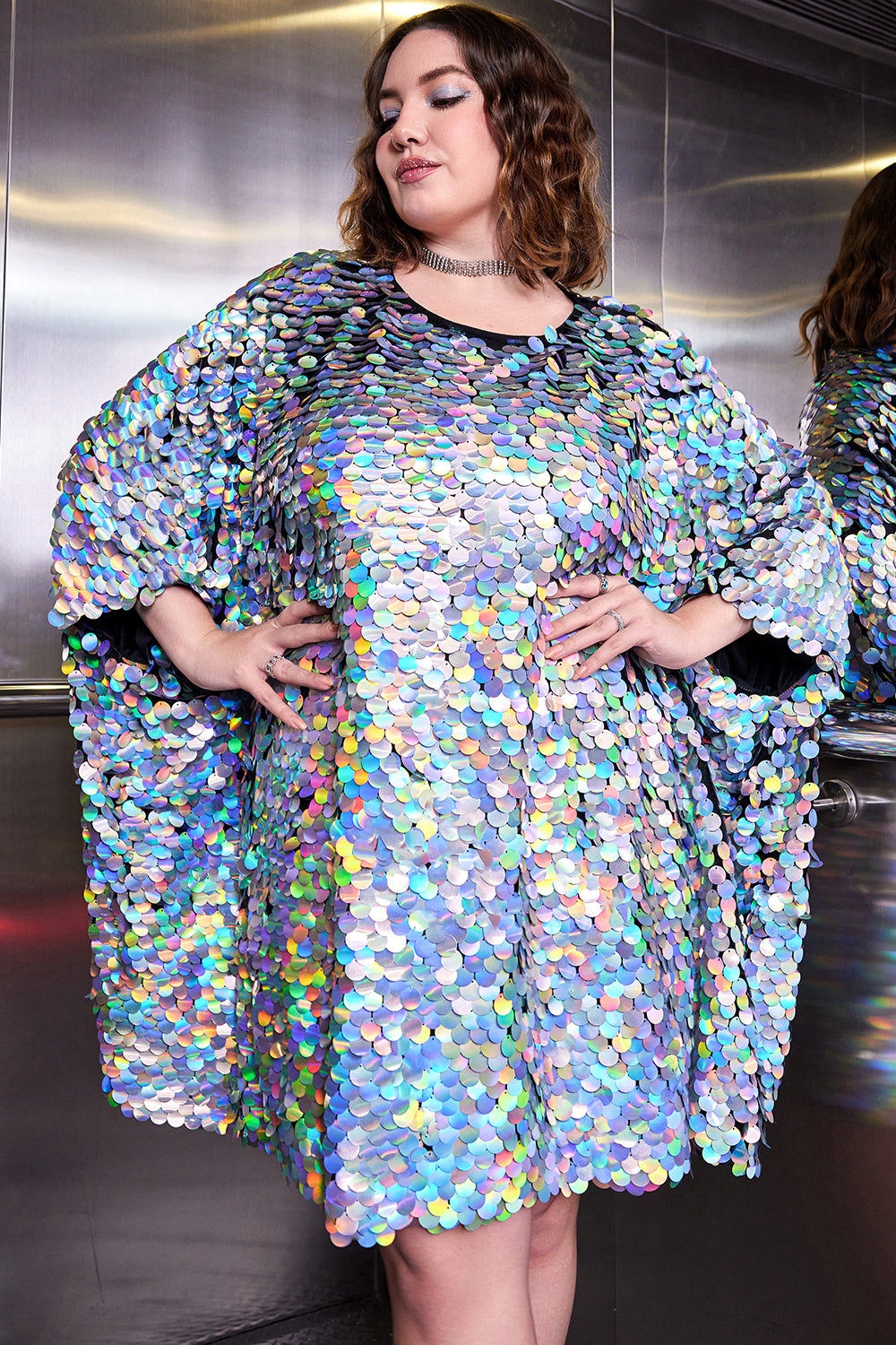 Party Dress Silver Reflective Sequin Batwing Sleeves Mini Dress