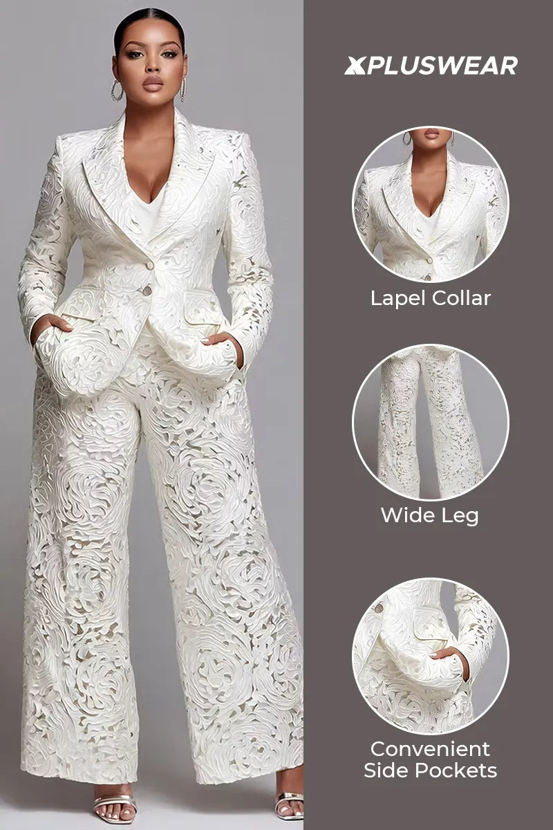 White Lapel Collar Long Sleeve Pocket Wide Leg Two Piece Pant Suits