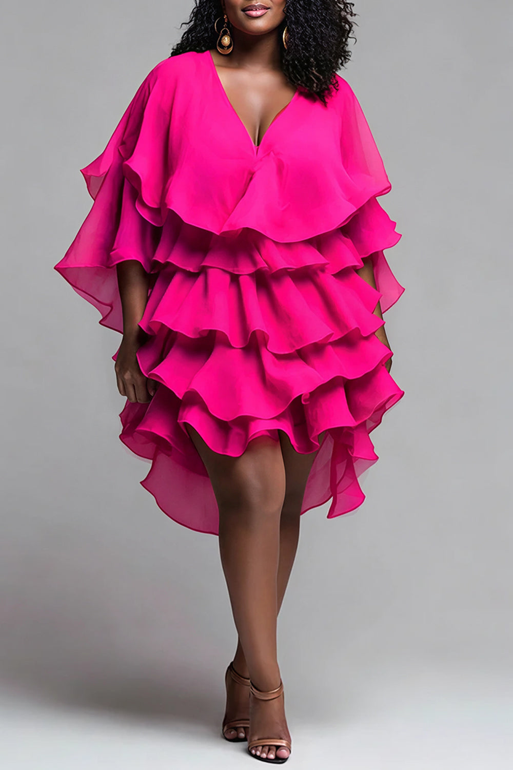 Party Hot Pink V Neck Half Sleeve Ruffle Tiered Mini Dresses