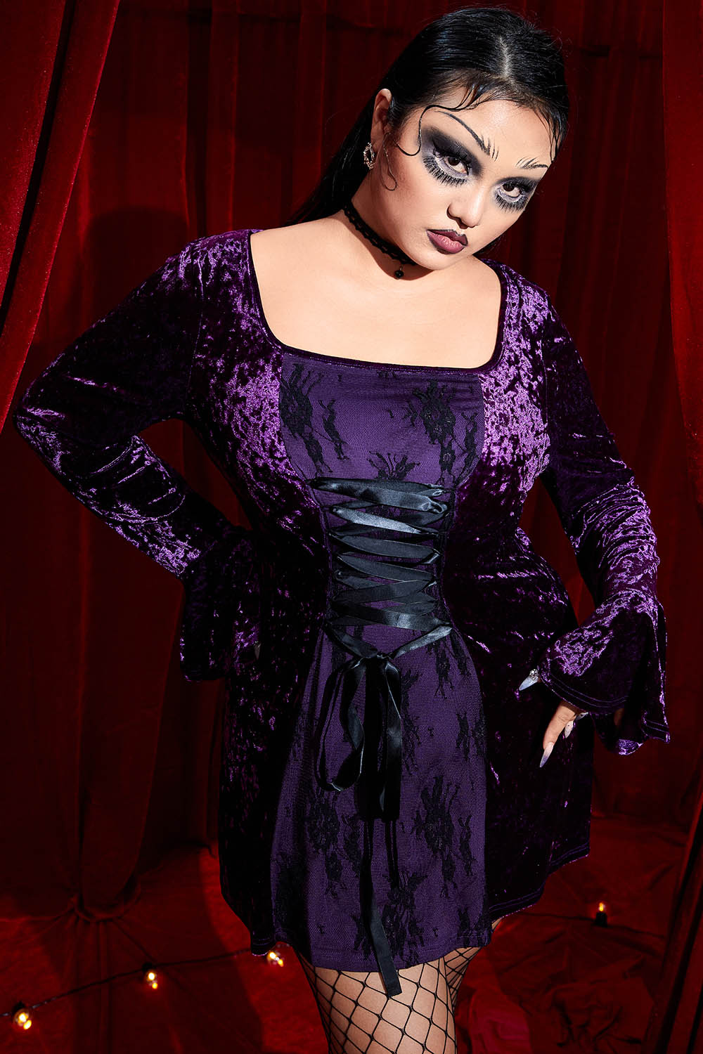 Halloween Costume Gothic Purple Velvet Square Neck Flare Sleeve Lace Up Mini Dress(Ships 24h)