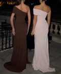 Pink/Brown One Shoulder Ruched Corset Back Bodycon Maxi Formal Evening Prom Gala Gown