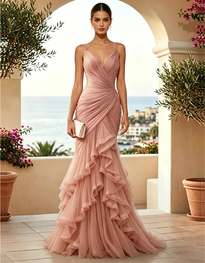 Dusty Pink Tulle Ruffle Mermaid Spaghetti Straps Maxi Dress