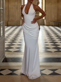 White Halter Neck Deep V Ruched Mermaid Maxi Formal Evening Gown