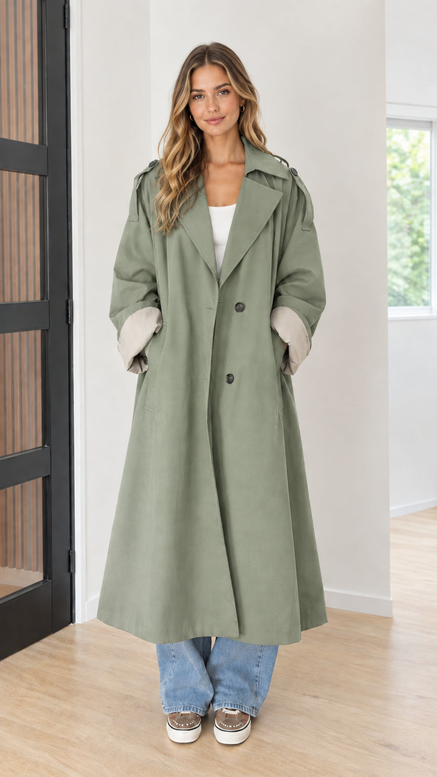 Women's Oversized Maxi Trench Coat with Contrast Ribbed Cuffs