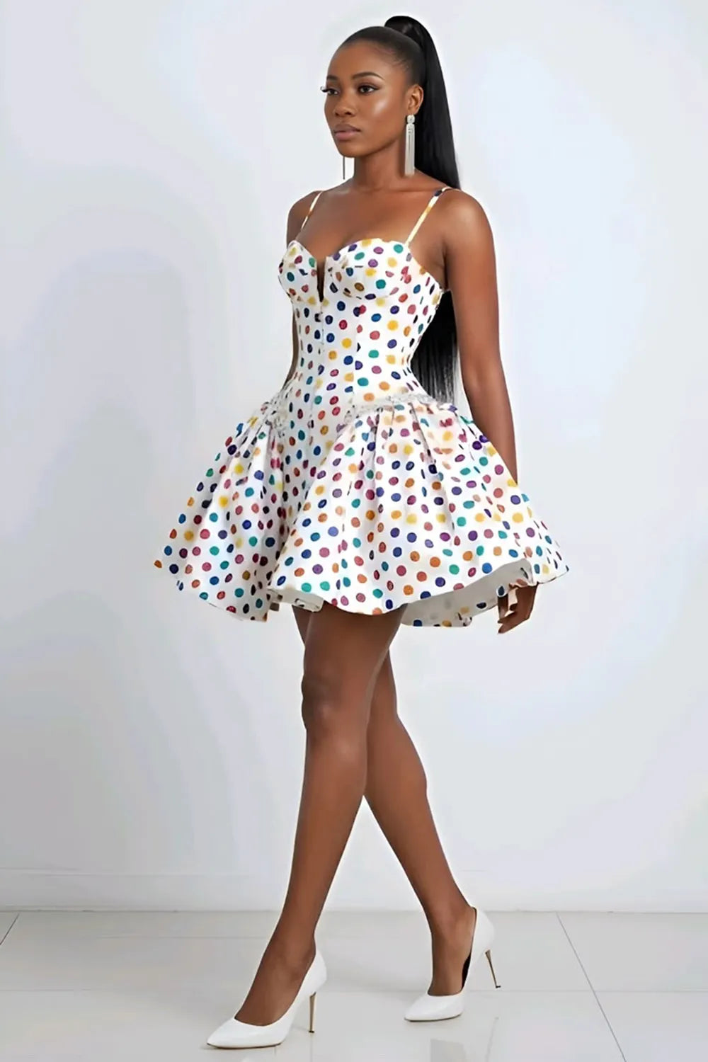 Polka Dot Print Spaghetti Strap Corset Waist Mini Dresses-White [Pre Order]