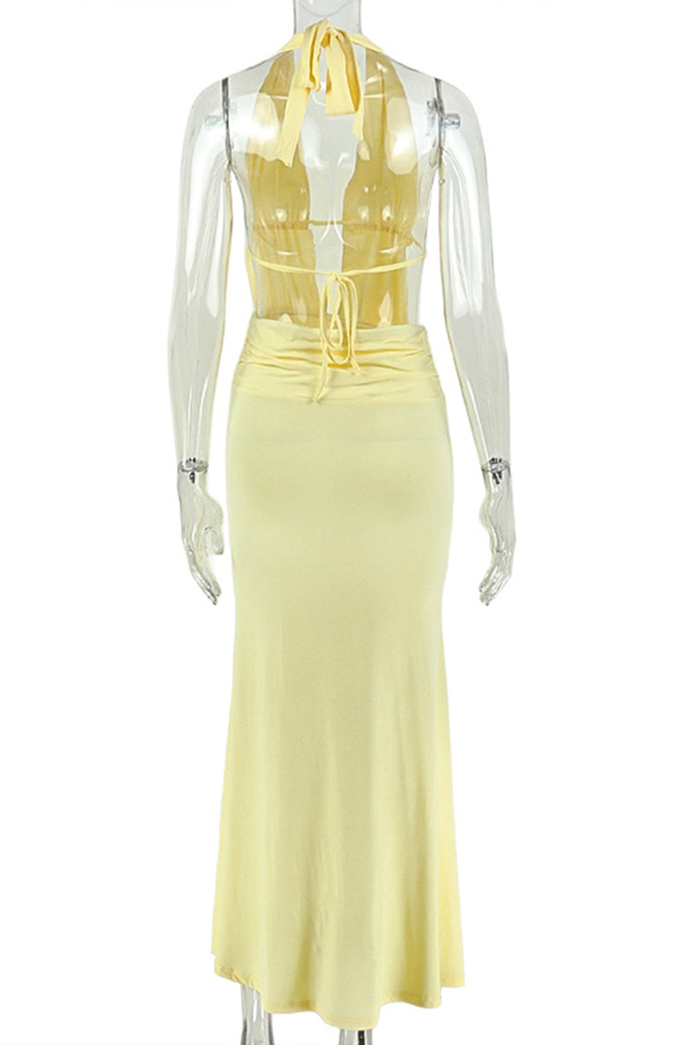 Halter Plunge Neck Backless Solid Color Fishtail Gowns Maxi Dresses-Yellow
