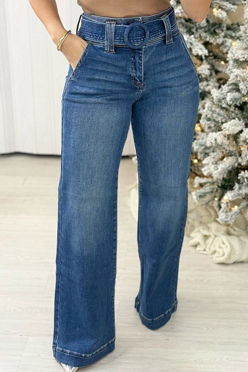 Women's Retro Style Wide Leg Belted Jeans