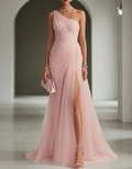 One-Shoulder Pleated Chiffon Maxi Dress