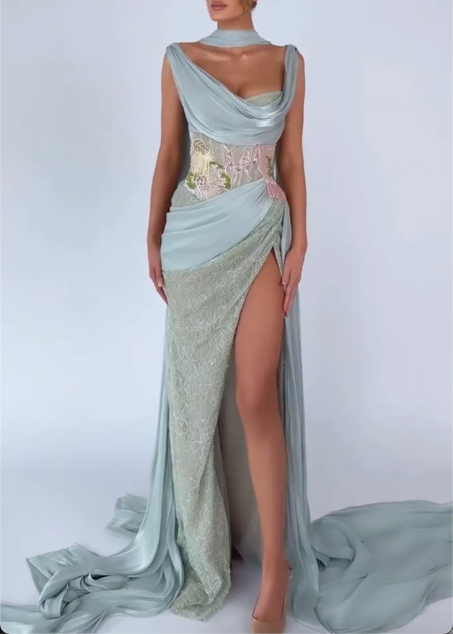 Mint Green Draped Halter Floral Embroidery High‐Slit Mermaid Maxi Evening Gown, Formal Dress for Prom Wedding Guest Gala Red Carpet