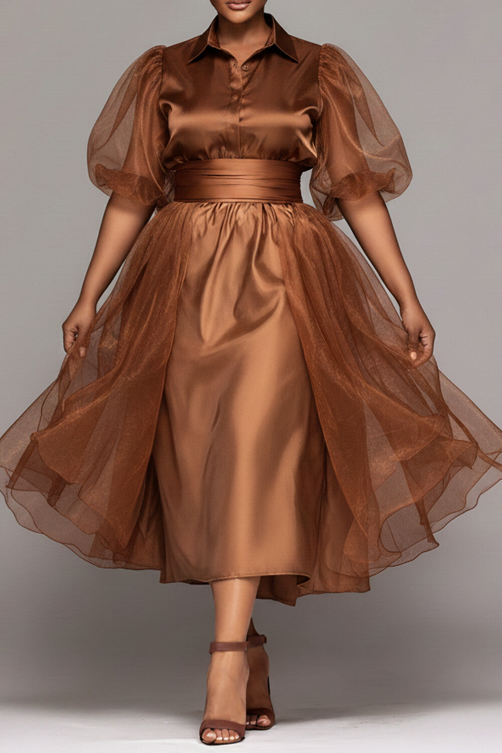 Cocktail Party Tulle Brown Round Neck Puff Sleeve Short Sleeve With Skirt Overlay Satin Midi Dresses