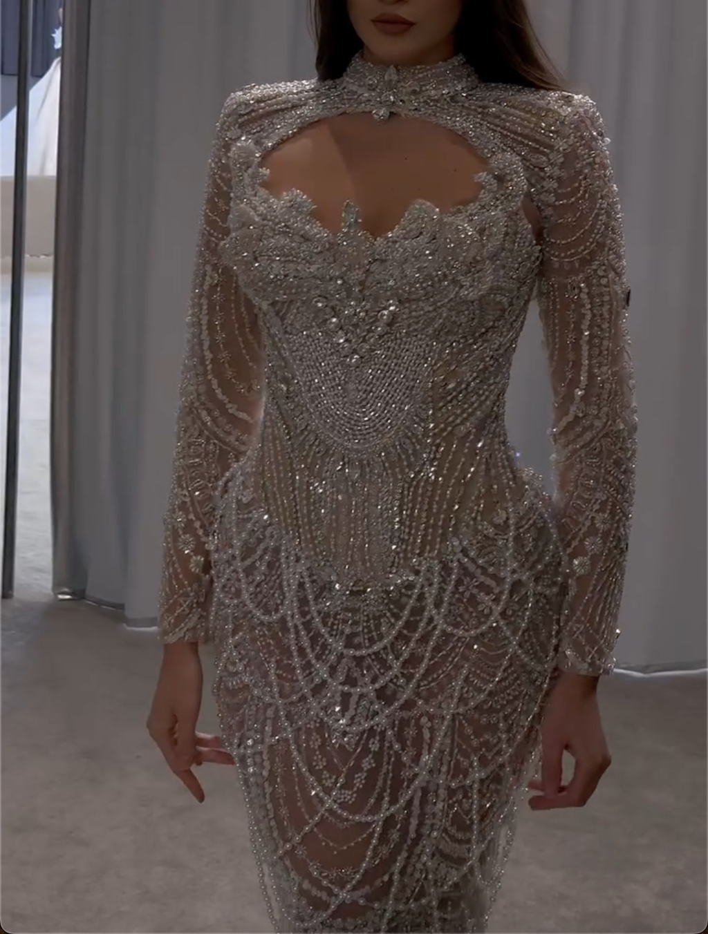 Silver Long Sleeve Beaded Mermaid Maxi Dress