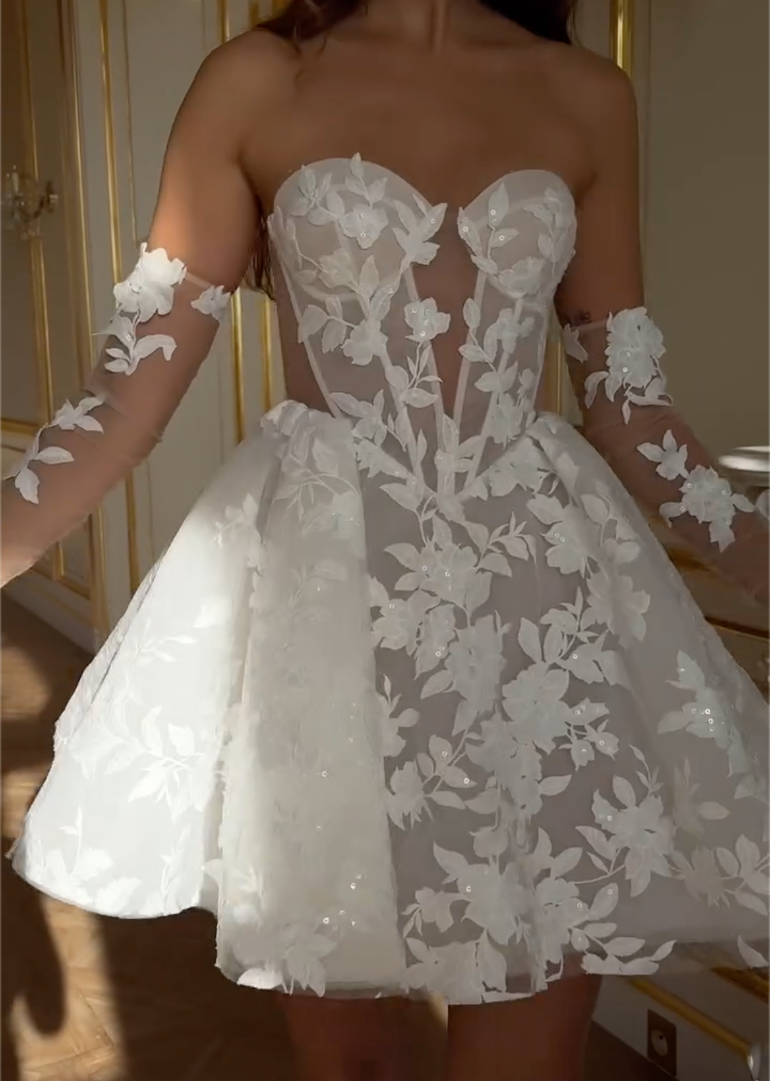 White Strapless 3D Floral Mini Dress with Puffy Skirt