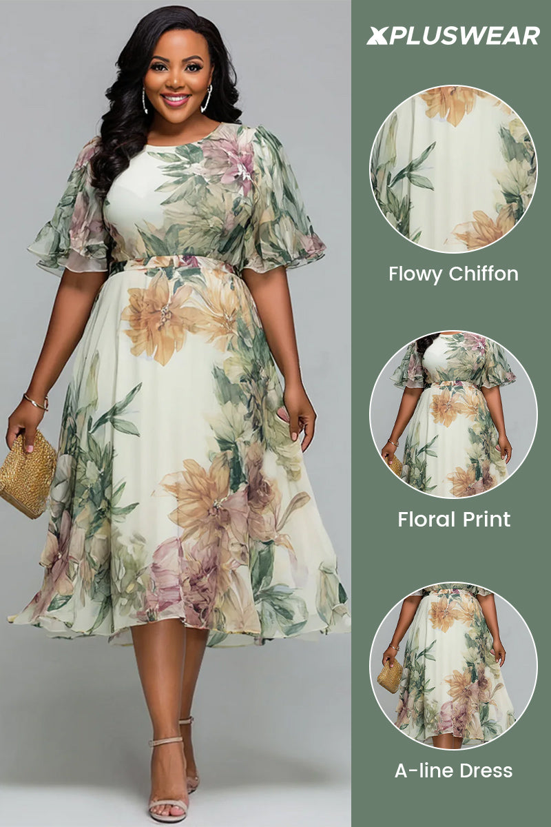 Cocktail Party Sage Green Floral Round Neck Short Sleeve Chiffon Midi Dresses