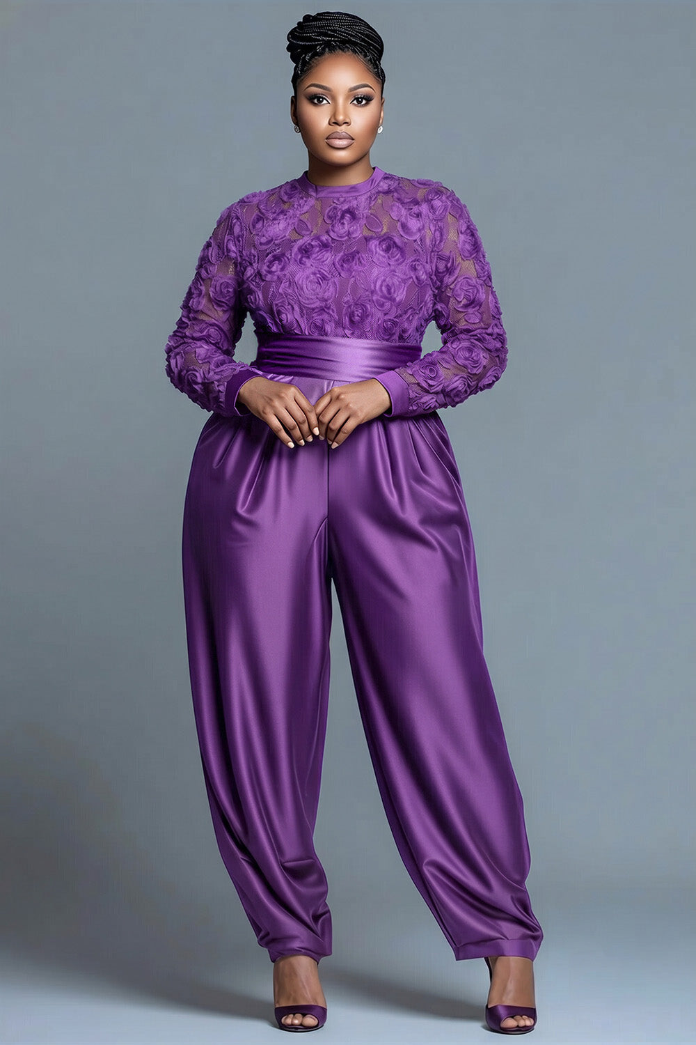 Purple Round Neck Long Sleeve Elegant See Through Satin Jumpsuits
