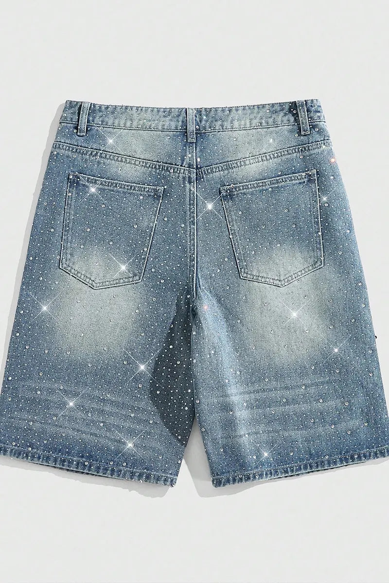 MEN Street Life Spring/Summer Casual Men'S Pearl & Diamond Embellished Loose Denim Shorts