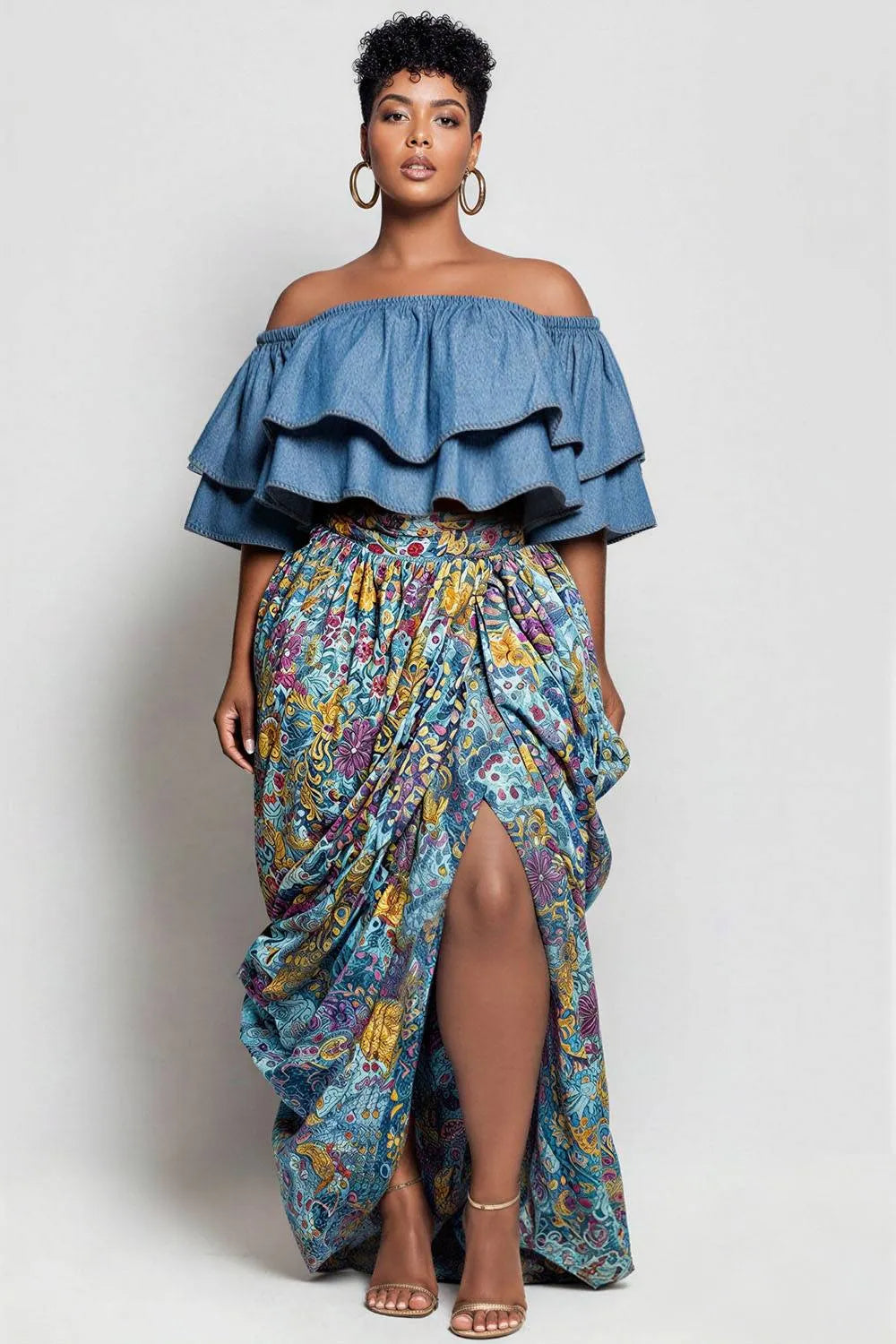 Xpluswear Design Plus Size Vacation Casual Light Blue Graphic Off The Shoulder Short Sleeve Split Ruffle Tencel Denim Two Piece Skirt Sets