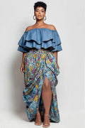 Xpluswear Design Plus Size Vacation Casual Light Blue Graphic Off The Shoulder Short Sleeve Split Ruffle Tencel Denim Two Piece Skirt Sets