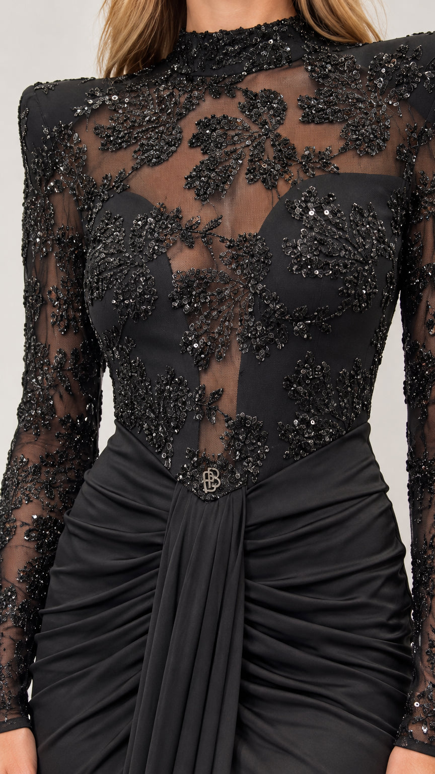 Embellished Long Sleeve Ruched Maxi Evening Dress