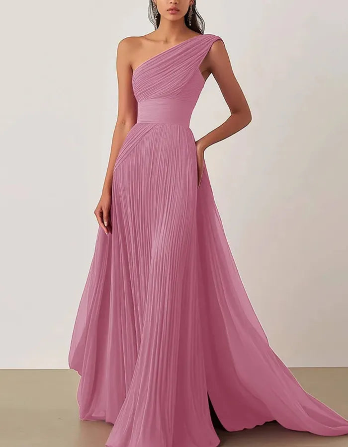 One Shoulder Solid Color Maxi Dress
