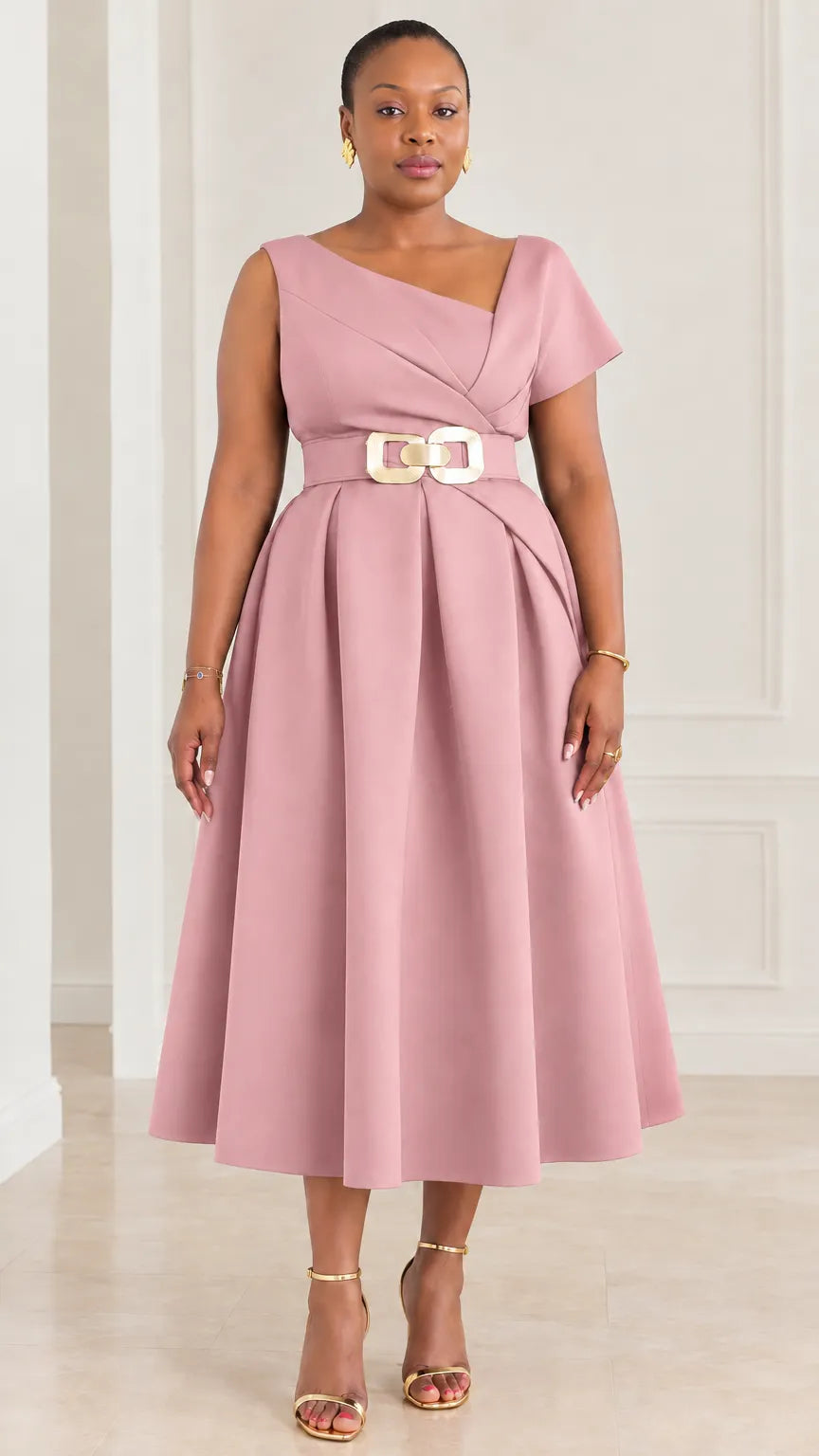 Asymmetrical Neckline Belted Pleated Midi A-Line Cocktail Dress