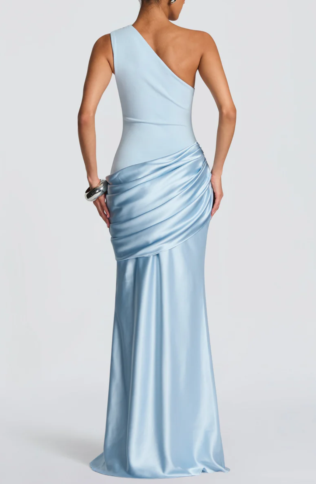 Light Blue Satin Ruched Maxi Dress - Elegant Formal Evening Gown Collection