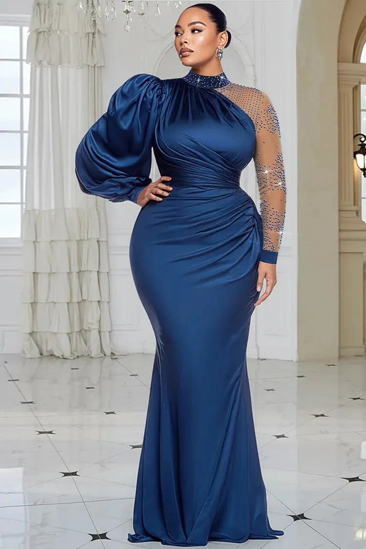 Blue Mock Neck Lantern Sleeve Long Sleeve Drilling Elegant See Through Tulle Satin Maxi Dresses