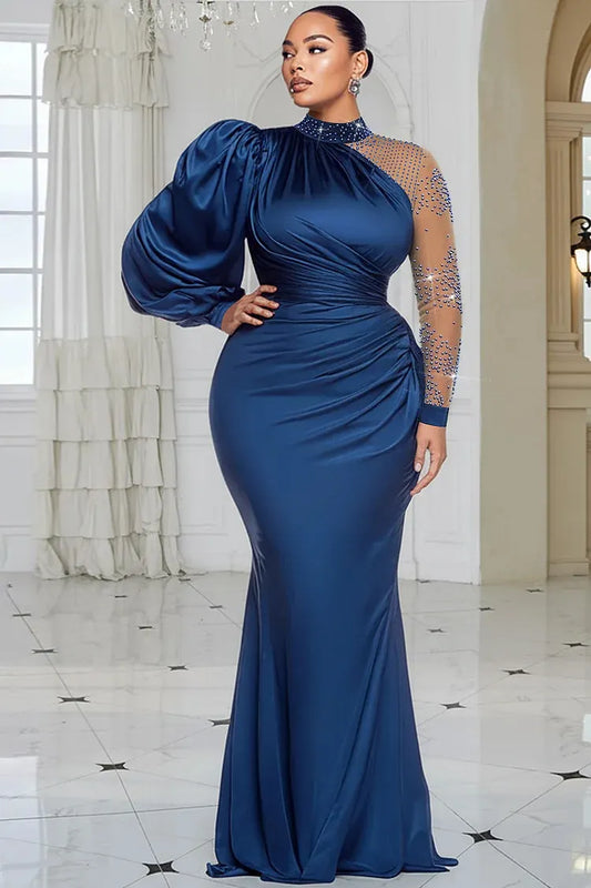 Blue Mock Neck Lantern Sleeve Long Sleeve Drilling Elegant See Through Tulle Satin Maxi Dresses