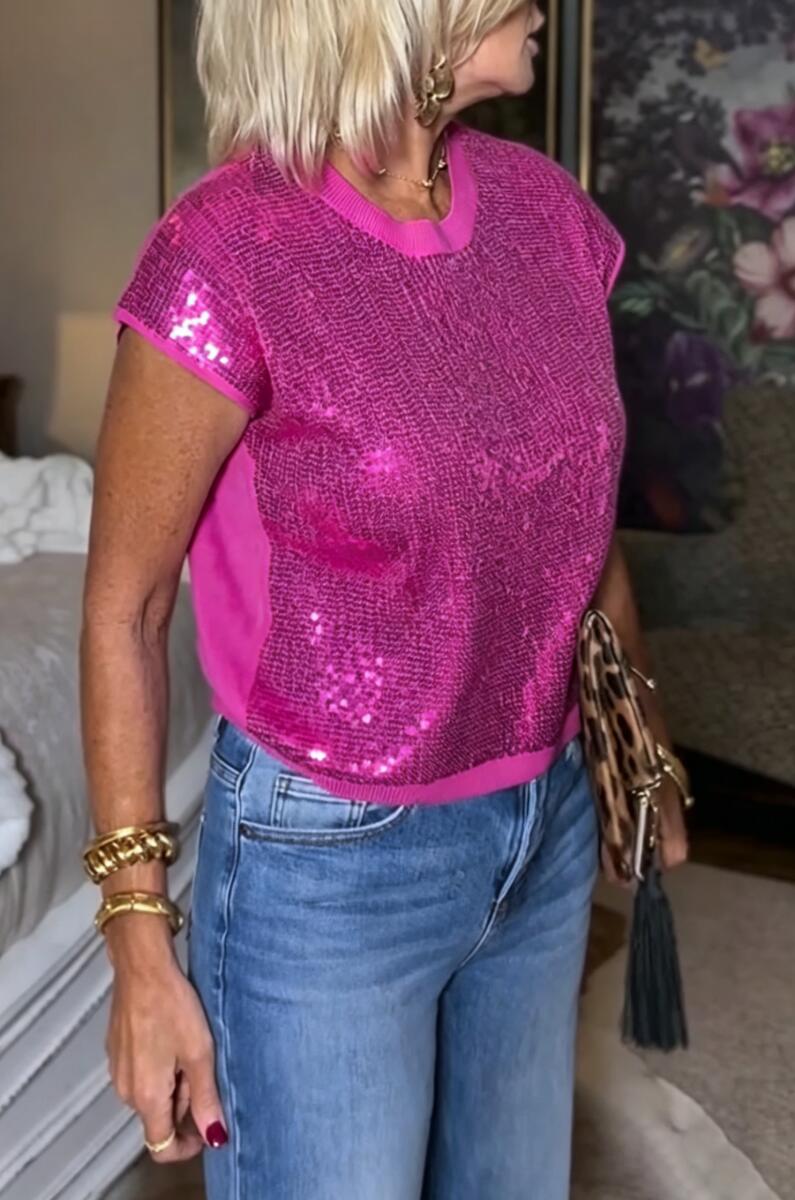 Women's Round Neck Patchwork Sequin Casual Top