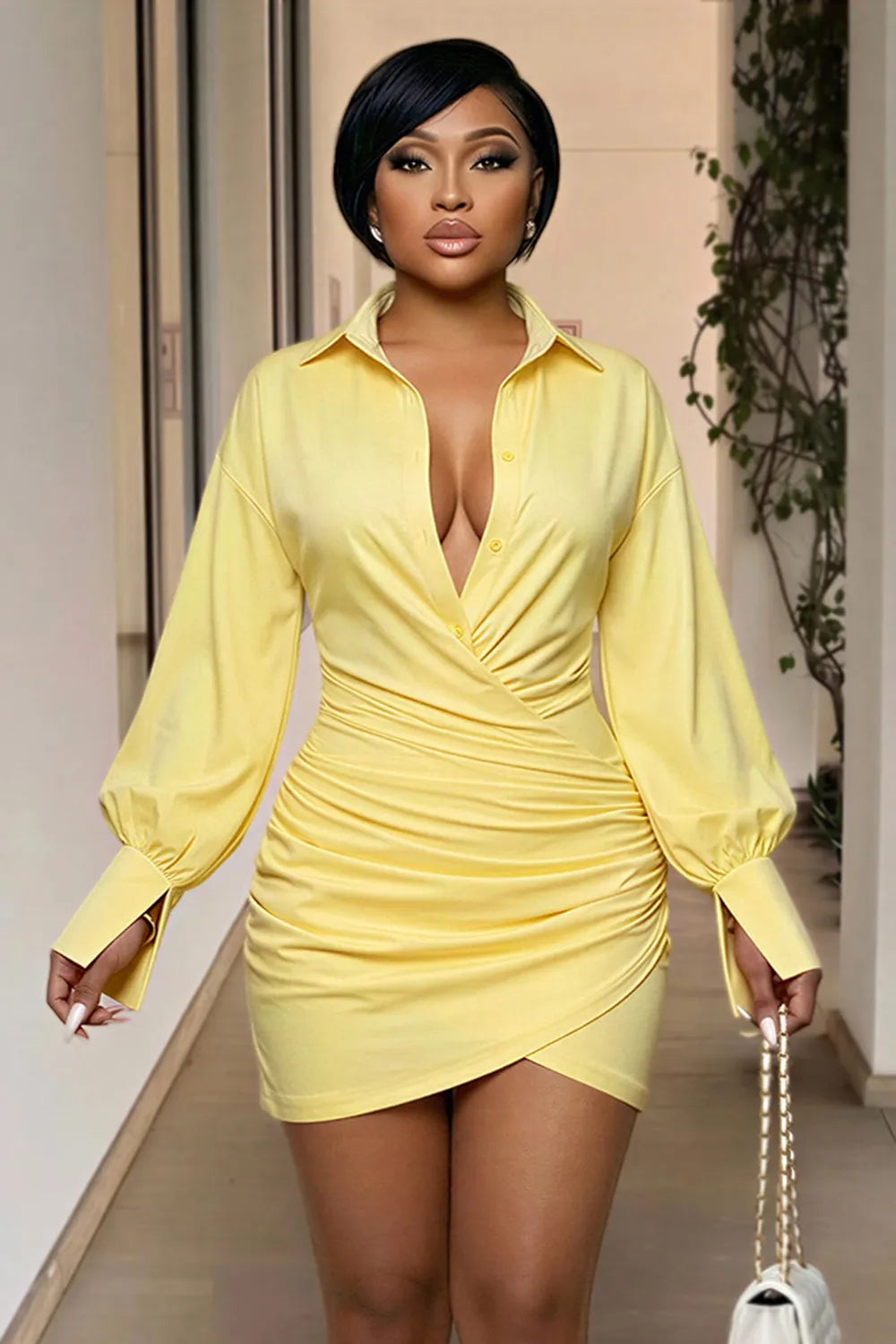 Ruched V Neck Lantern Sleeve Bodycon Casual Mini Dresses-Yellow [Pre Order]