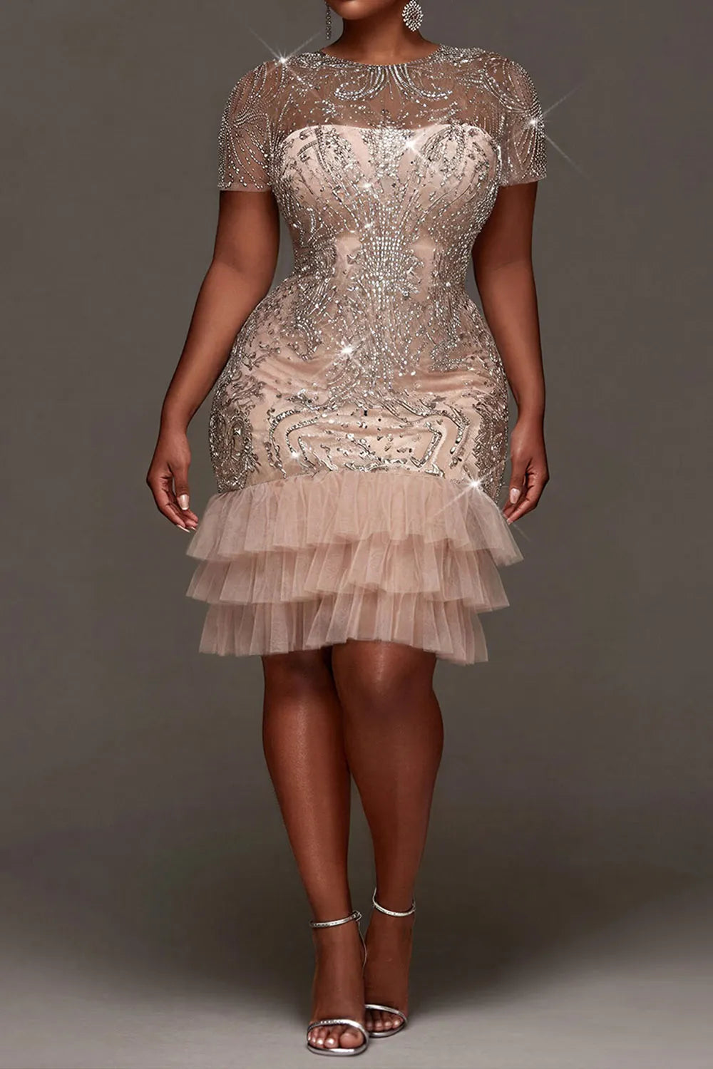 Party Elegant Tulle Pink Round Neck Short Sleeve Ruffle See Through Sequin Mini Dresses
