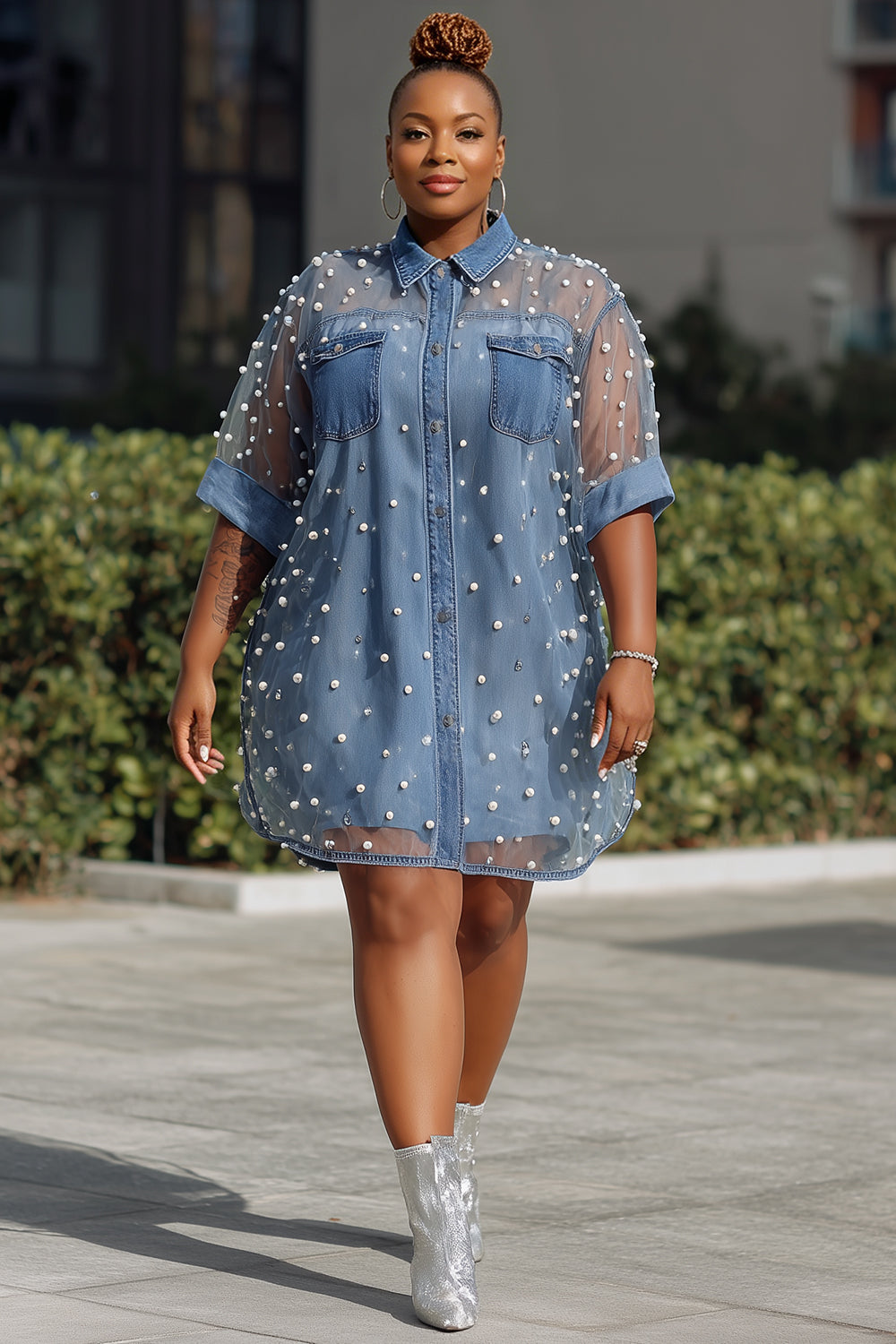 Xpluswear Design Plus Size Festival Casual Tulle Blue Shirt Collar Short Sleeve Pearls See Through Tencel Denim Mini Dresses [Pre-Order]