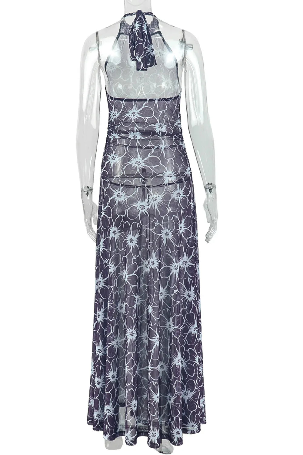 Halter Backless Abstract Floral Print A-Line Casual Maxi Dresses-Multicolor