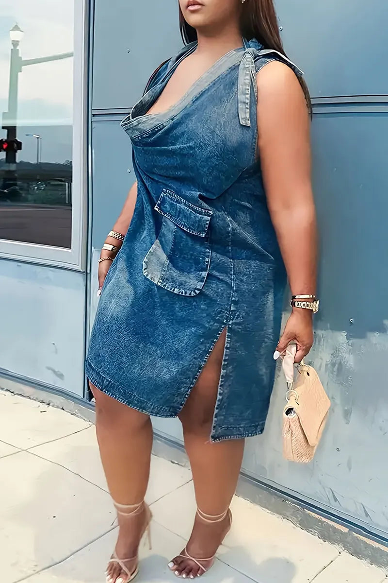 Women Tie Halter Cowl Neck Big Pocket Side Slit Washed Denim Mini Dress