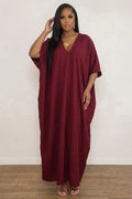 Solid Color V Neck Side Ruched Loose Fit Casual Maxi Dresses-Burgundy