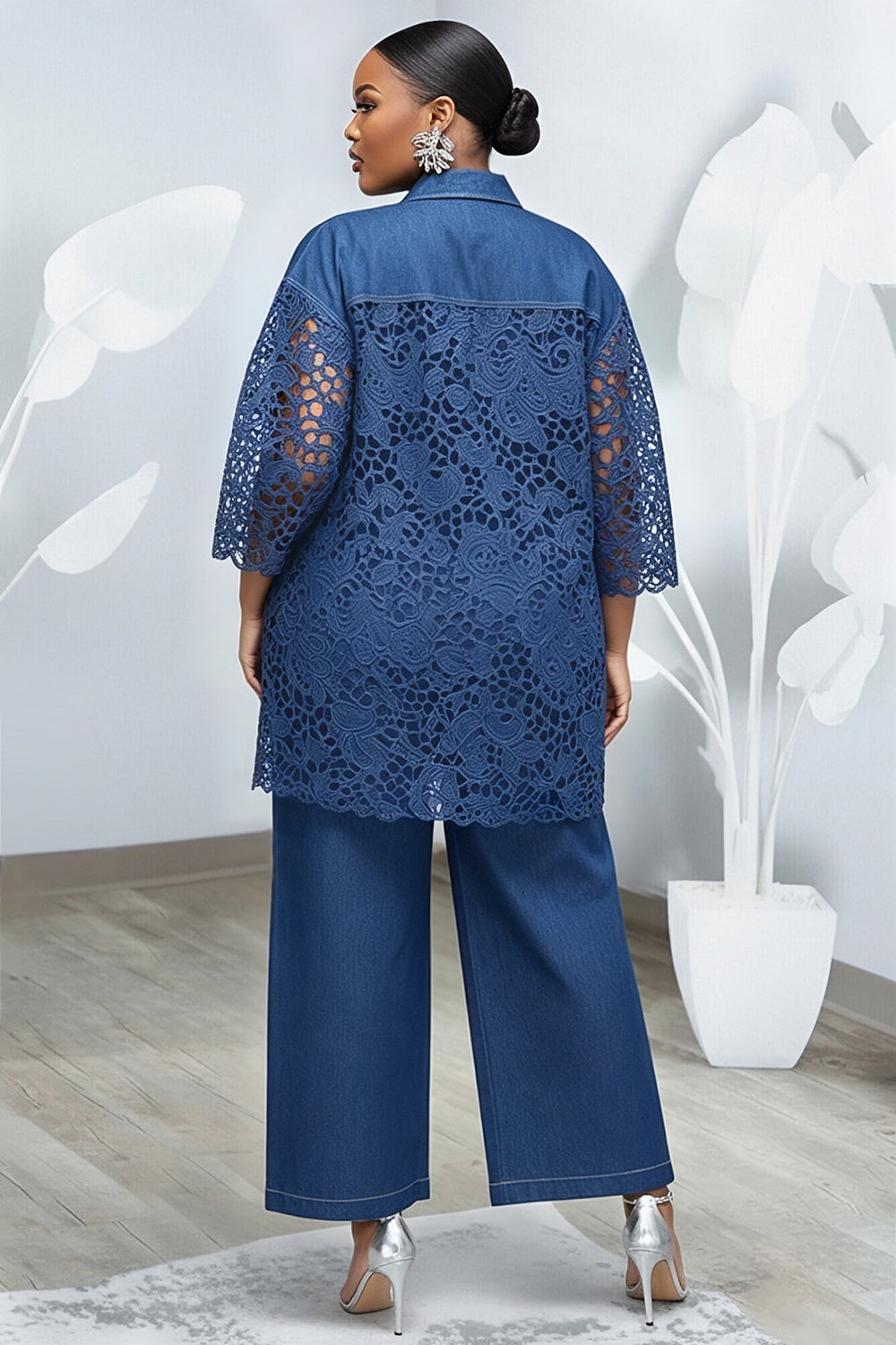 Xpluswear Design Plus Size Business Casual Lace Blue Shirt Collar 3/4 Sleeve Contrast Wide Leg Tencel Denim Two Piece Pant Sets