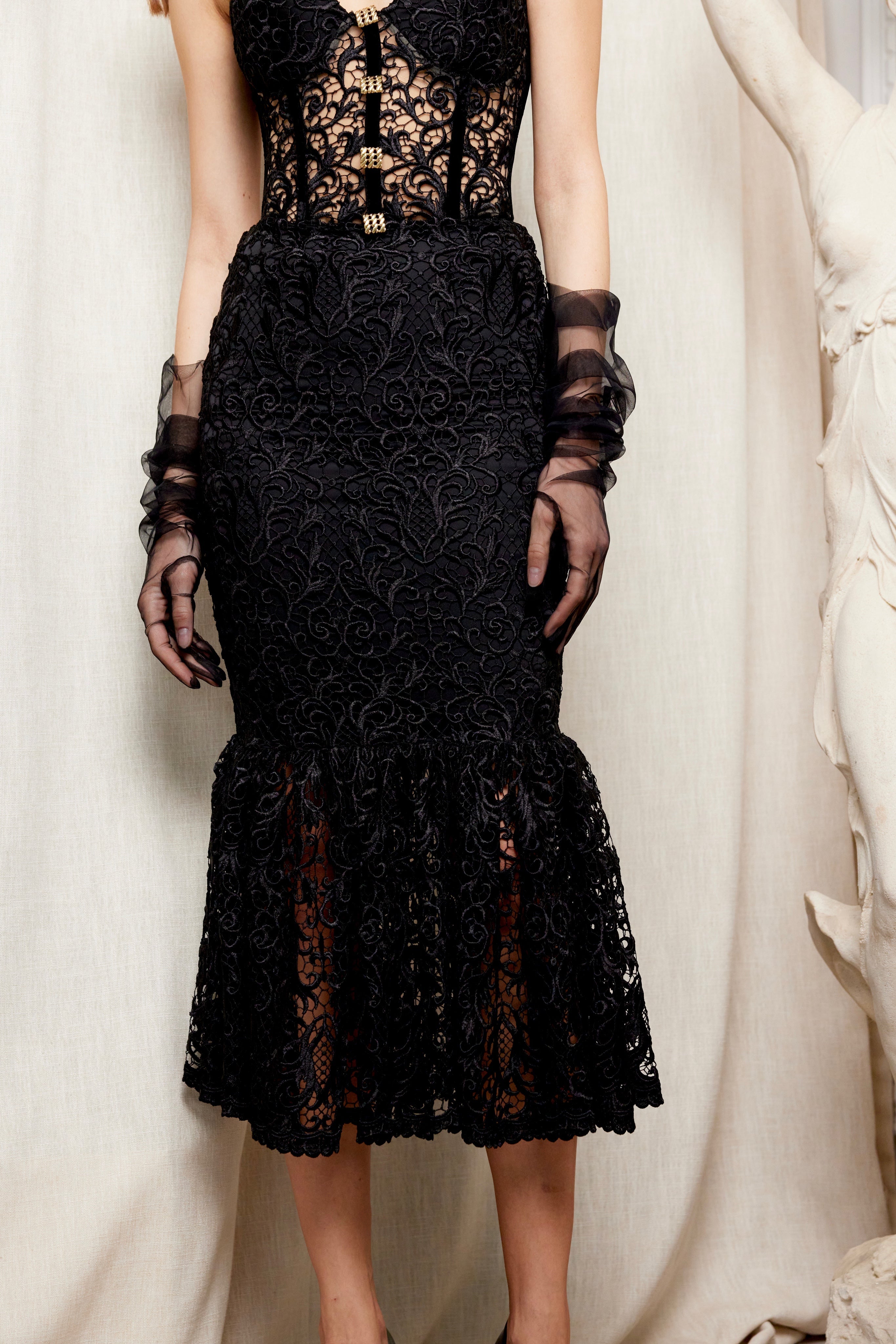 Black Lace Strapless Corset Midi Dress