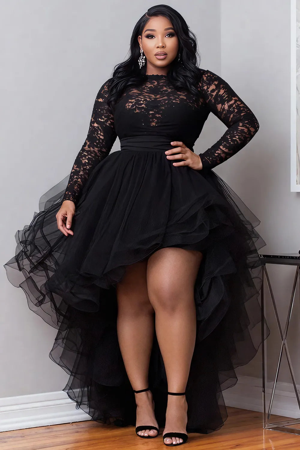 Cocktail Party Black Round Neck Long Sleeve High Low Hem Elegant Ruffle Tulle Lace Mini Dresses