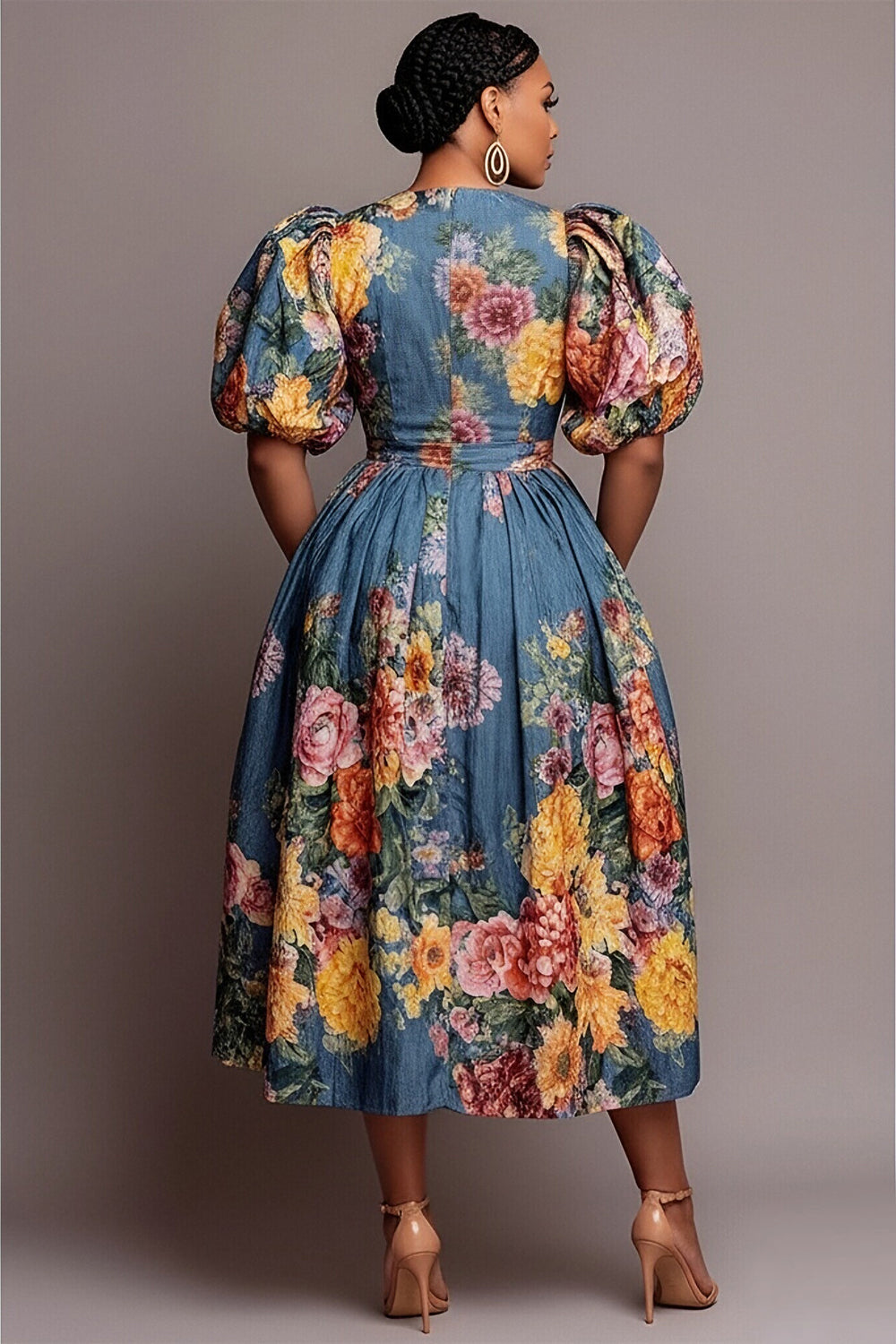 Xpluswear Design Plus Size Party Blue Floral V Neck Puff Sleeve Short Sleeve Pocket Denim Midi Dresses