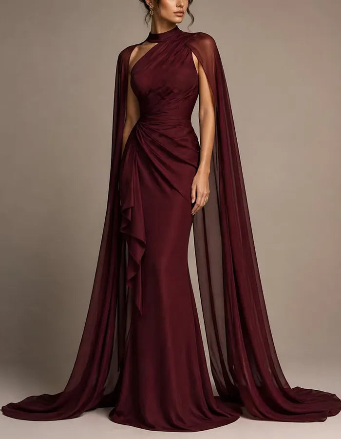 Burgundy High Neck Shawl Sleeve Chiffon Satin Maxi Dress