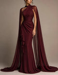 Burgundy High Neck Shawl Sleeve Chiffon Satin Maxi Dress